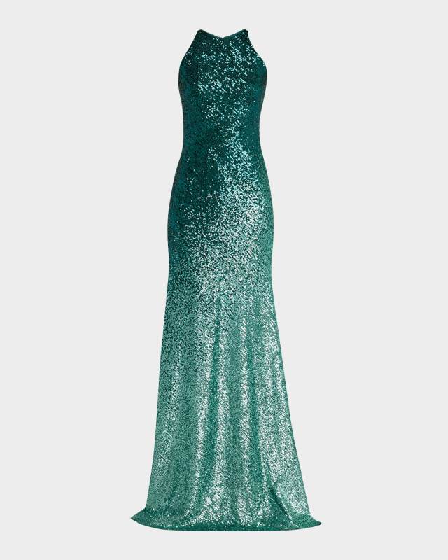 Ombre Stretch Sequin Halter Gown